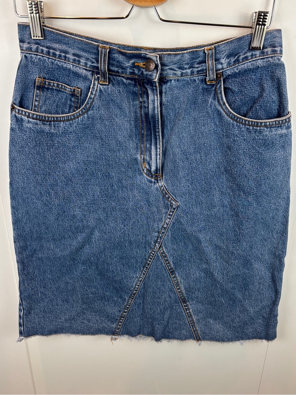 Vintage Bill Blass Jean Skirt Reconstructed Look sz 8 Raw Hem Denim 90s Y2K